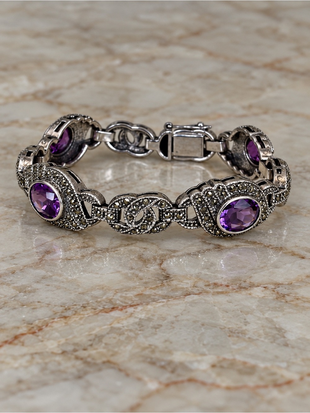 Vintage Sterling Silver 925 Amethyst & Marcasite Art Deco Style Bracelet 33.61g